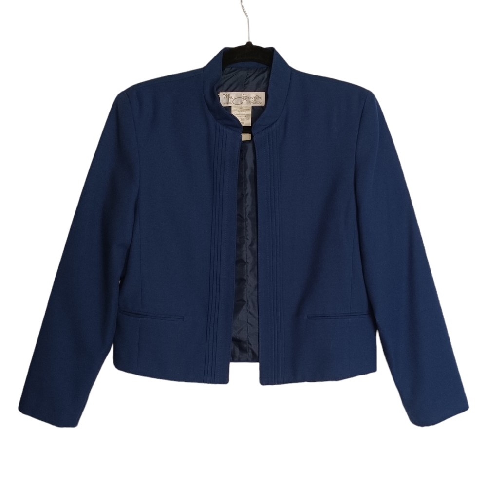 VTG MS. JENNIFER PETITE Blue Pleated Open Semi Cropped Long Sleeve Jacket 10P